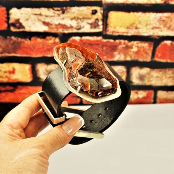 SUPER HUGE AMBER STERLING LEATHER RARE UNISEX BRACELET 9 BY AMBERMODA - Picture 12 of 16